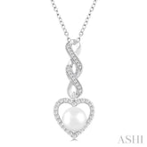 7 MM Round Shape Cultured Pearl and 1/4 ctw Heart Frame Round Cut Diamond Fashion Pendant With Chain in 10K White Gold